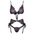 Küssbare Dessous: Schwarz mit rosa-lila Stickerei-Set - L/XL