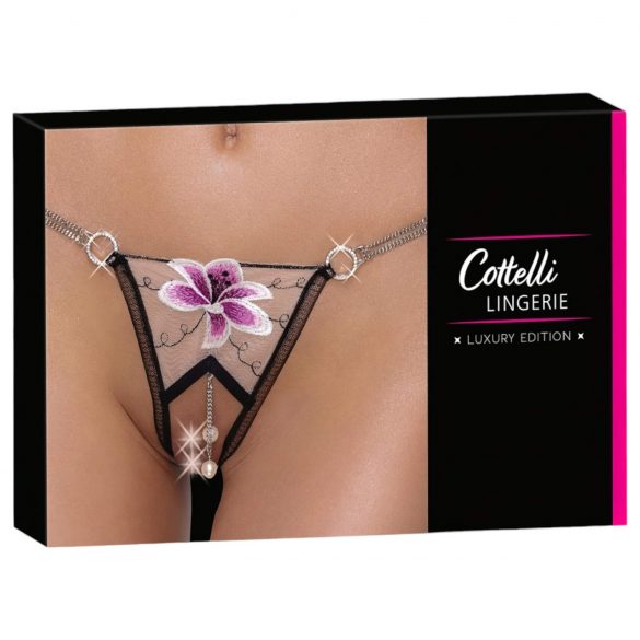 Cottelli - Luxus-Tanga mit Lilienstickerei (schwarz-weiß) - M/L