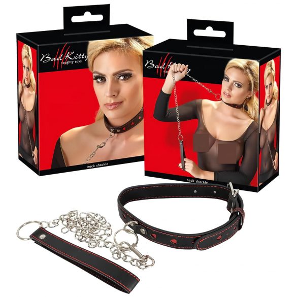 Bad Kitty - Herz-Halsband, Metall-Leine (schwarz-rot)