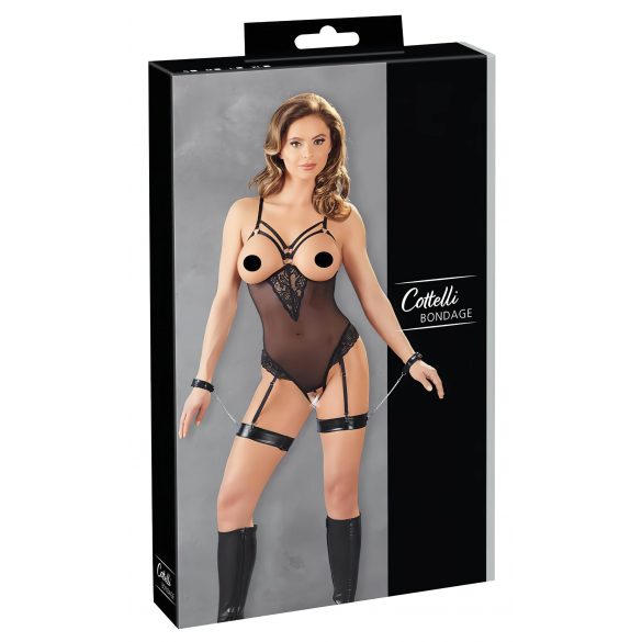 Cottelli Bondage - Schwarzer Body mit Riemen und Handschellen - M